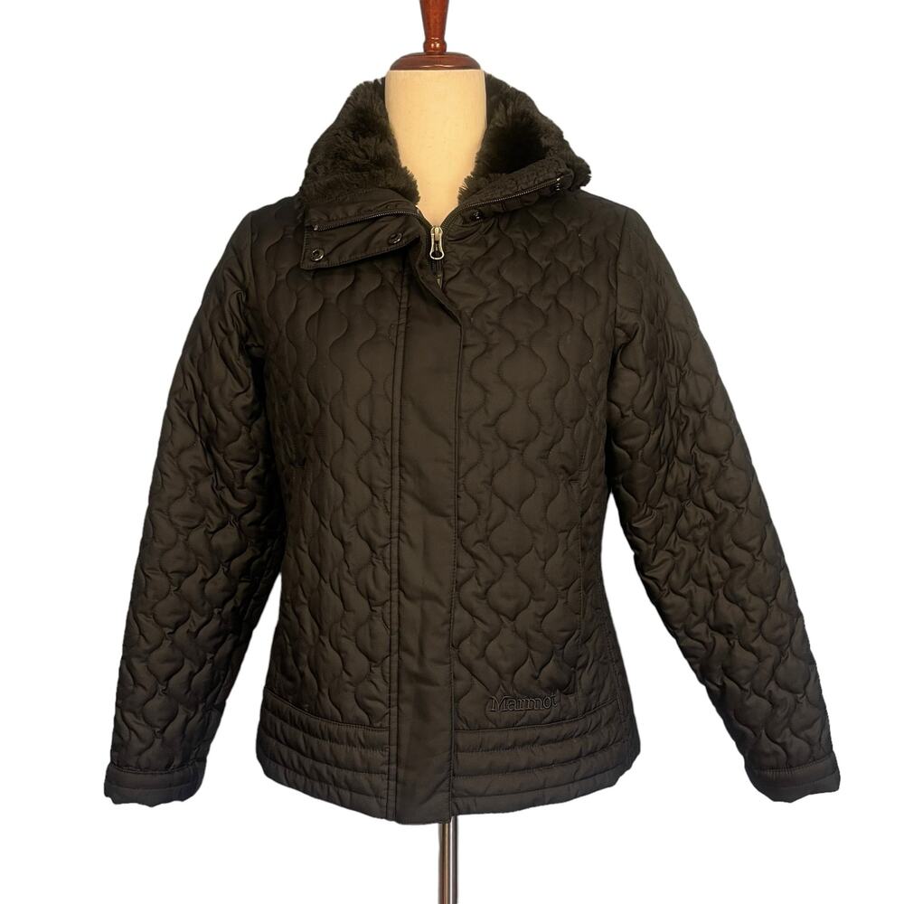 Marmot St Moritz Quilted Faux Fur Collar Zip Front Jacket Black Women's Medium